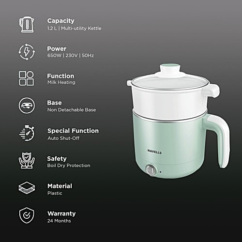 Havells India HAVELLS Capture 650 Watt 1.2 Litre Multi Cook Electric Kettle with Auto Shut Off (Light Green), 1 Unit  