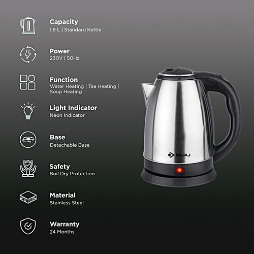 Bajaj Electricals BAJAJ KTX 1500 Watt 1.8 Litre Electric Kettle with Concealed Heating Element (Black), 1 Unit