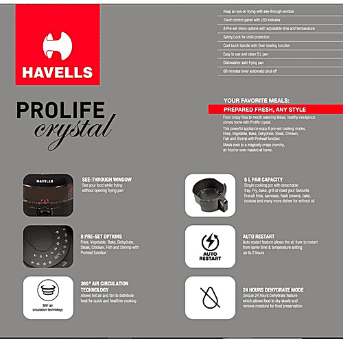 Havells HAVELLS Prolife Crystal 5L 1500 Watt Digital Air Fryer with 8 Preset Options (Black), 1 Unit  