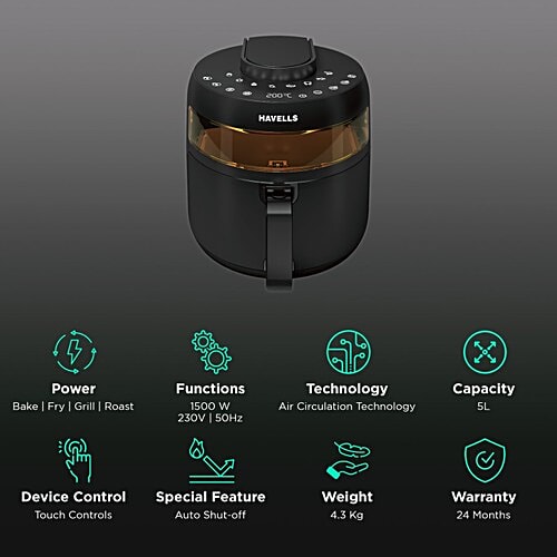 Havells HAVELLS Prolife Crystal 5L 1500 Watt Digital Air Fryer with 8 Preset Options (Black), 1 Unit  