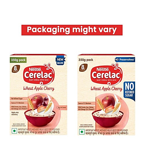 Nestle Cerelac Wheat Apple Cherry Baby Cereal With Milk For 8 to 24 Months, 350 g  No Refined Sugar, With Omega 3,Iron, Protein, Calcium,Vitamin D, Source of 15 Nutrients