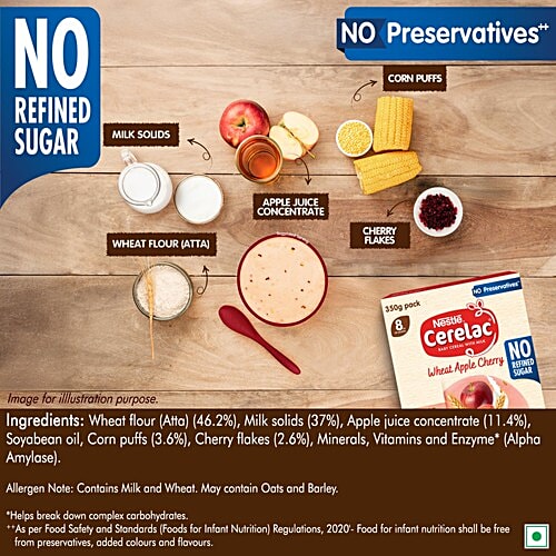 Nestle Cerelac Wheat Apple Cherry Baby Cereal With Milk For 8 to 24 Months, 350 g  No Refined Sugar, With Omega 3,Iron, Protein, Calcium,Vitamin D, Source of 15 Nutrients