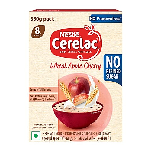 Nestle Cerelac Wheat Apple Cherry Baby Cereal With Milk For 8 to 24 Months, 350 g  No Refined Sugar, With Omega 3,Iron, Protein, Calcium,Vitamin D, Source of 15 Nutrients