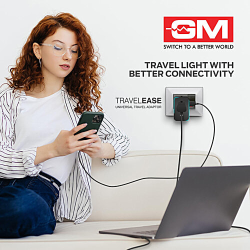GM World Travel Ease Adaptor With 3 Pin, Type C & USB Charging, 1 pc  3 Pin, Type C & USB Charging