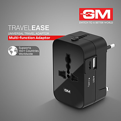 GM World Travel Ease Adaptor With 3 Pin, Type C & USB Charging, 1 pc  3 Pin, Type C & USB Charging