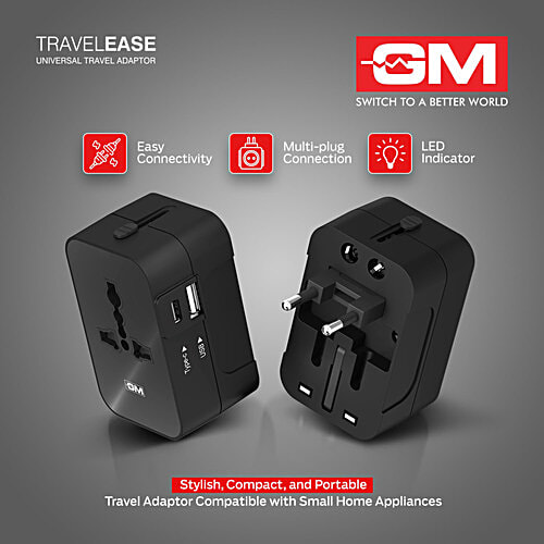 GM World Travel Ease Adaptor With 3 Pin, Type C & USB Charging, 1 pc  3 Pin, Type C & USB Charging