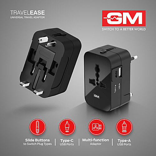 GM World Travel Ease Adaptor With 3 Pin, Type C & USB Charging, 1 pc  3 Pin, Type C & USB Charging