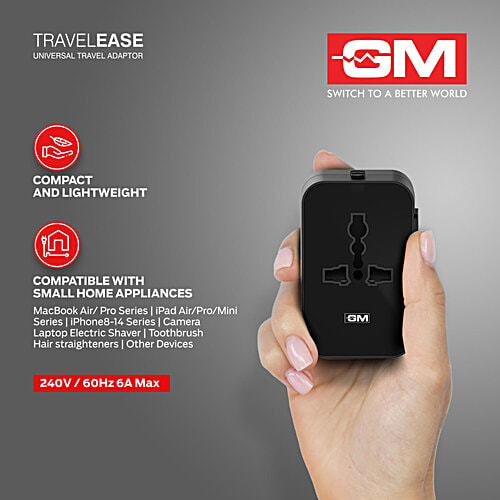 GM World Travel Ease Adaptor With 3 Pin, Type C & USB Charging, 1 pc  3 Pin, Type C & USB Charging