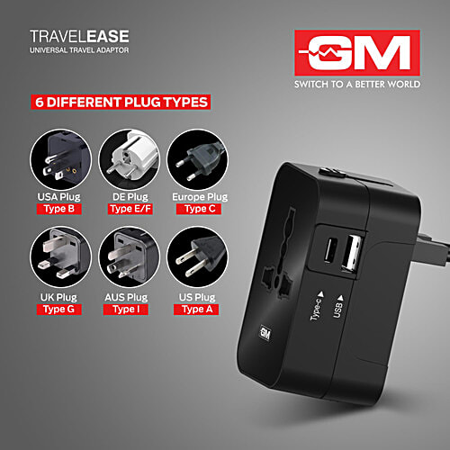 GM World Travel Ease Adaptor With 3 Pin, Type C & USB Charging, 1 pc  3 Pin, Type C & USB Charging