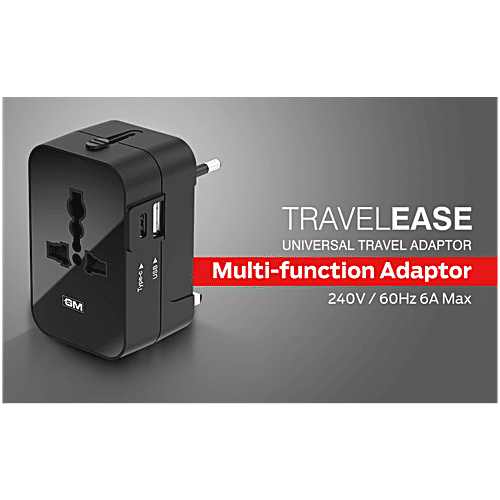 GM World Travel Ease Adaptor With 3 Pin, Type C & USB Charging, 1 pc  3 Pin, Type C & USB Charging