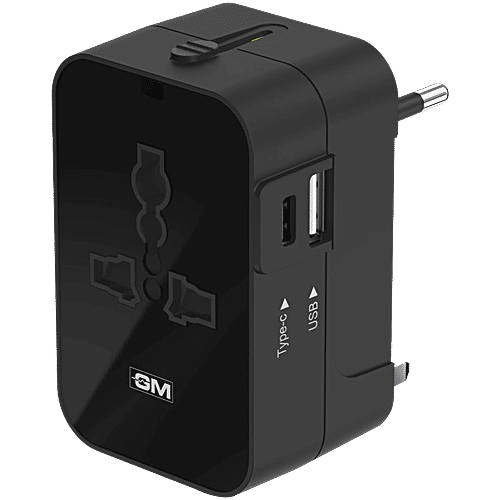 GM World Travel Ease Adaptor With 3 Pin, Type C & USB Charging, 1 pc  3 Pin, Type C & USB Charging