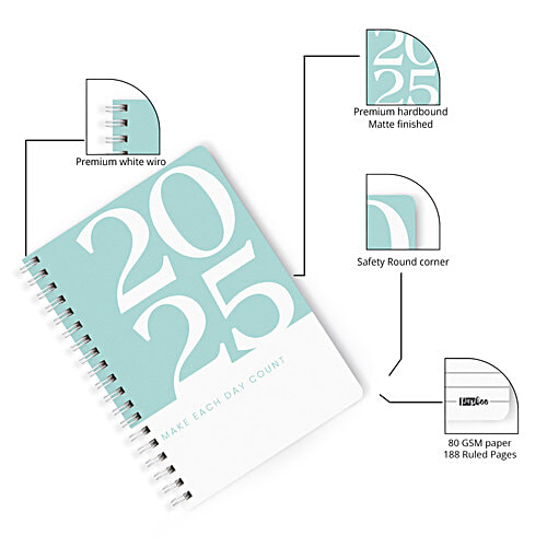 Papboo A5 2025 Hardcover Wiro Diary With Calendar: 80 GSM Paper, Ruled, 188 Pages, Tiffany, 1 pc  Premium Hardbound Matte Finished, Premium White Wiro, Safety Round Corners