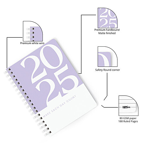 Papboo A5 2025 Hardcover Wiro Diary With Calendar - 80 GSM Paper, Ruled, 188 Pages, Purple, 1 pc  Premium Hardbound Matte Finished, Premium White Wiro, Safety Round Corners