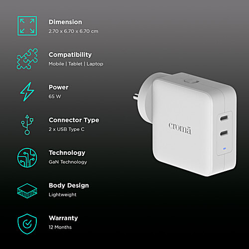Croma 65W Type C 2-Port Fast Charger Adapter Only, Advance GaN Technology, White, 1 Unit