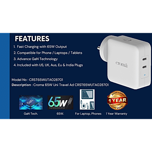 Croma 65W Type C 2-Port Fast Charger Adapter Only, Advance GaN Technology, White, 1 Unit