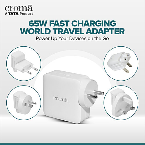 Croma 65W Type C 2-Port Fast Charger Adapter Only, Advance GaN Technology, White, 1 Unit