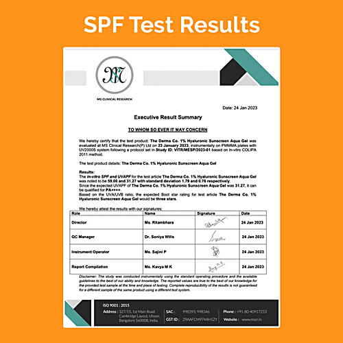 The Derma Co 1% Hyaluronic SPF 50 PA++++ Sunscreen Aqua Gel, 80 g No white-cast, For Broad Spectrum & Blue Light Protection