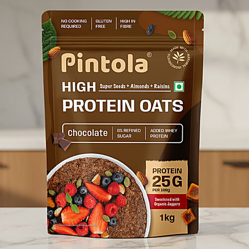 Pintola Chocolate High Protein Oats, 1 kg  No Refined Sugar, Added Whey Protein, 25 g Per 100 g, Sweetened with Organic Jaggery, Gluten Free, High in Fibre