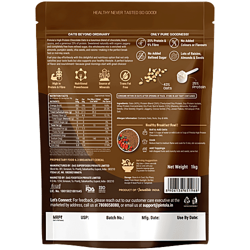 Pintola Chocolate High Protein Oats, 1 kg  No Refined Sugar, Added Whey Protein, 25 g Per 100 g, Sweetened with Organic Jaggery, Gluten Free, High in Fibre