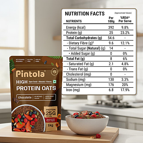 Pintola Chocolate High Protein Oats, 1 kg  No Refined Sugar, Added Whey Protein, 25 g Per 100 g, Sweetened with Organic Jaggery, Gluten Free, High in Fibre