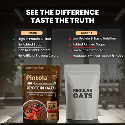 Pintola Chocolate High Protein Oats, 1 kg  No Refined Sugar, Added Whey Protein, 25 g Per 100 g, Sweetened with Organic Jaggery, Gluten Free, High in Fibre