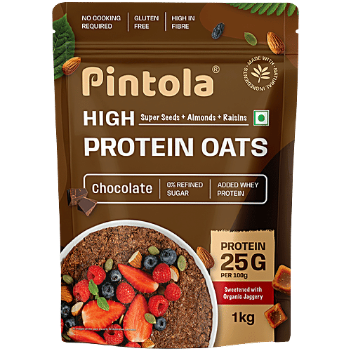 Pintola Chocolate High Protein Oats, 1 kg  No Refined Sugar, Added Whey Protein, 25 g Per 100 g, Sweetened with Organic Jaggery, Gluten Free, High in Fibre