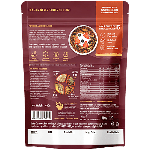 Pintola Dark Chocolate & Cranberry High Protein Muesli, 400 g 22 g Protein, Natural Ingredients, High in Fibre