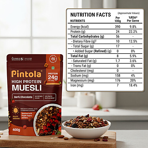 Pintola Dark Chocolate & Cranberry High Protein Muesli, 400 g 22 g Protein, Natural Ingredients, High in Fibre