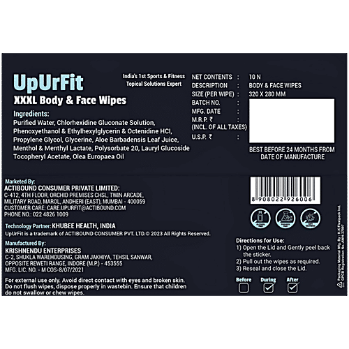 UpUrFit XXXL Body & Face Wipes, 10 pcs Post Sport & Workout Hair Cleansing