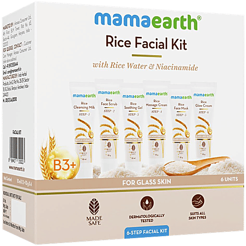 Mamaearth Rice Facial Kit - Niacinamide, For Glass Skin, 60 g Salon-Like Glowing Skin in 6 Easy Steps, Improves Skin Texture, Instant Glow, Suitable for all skin types