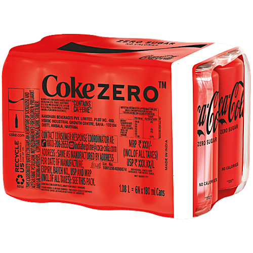 Coca Cola Coke Zero Sugar, 180 ml (Pack of 6) No Calories, Carbonated Water