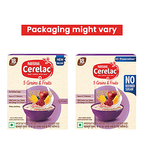 Nestle Cerelac 5 Grains & Fruits Baby Cereal - No Refined Sugar, 18-24 Months, 300 g Bag-In-Box