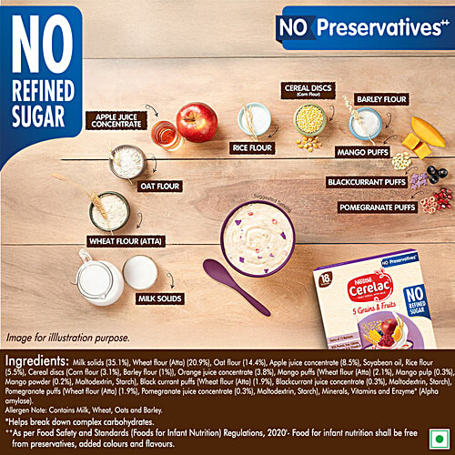 Nestle Cerelac 5 Grains & Fruits Baby Cereal - No Refined Sugar, 18-24 Months, 300 g Bag-In-Box