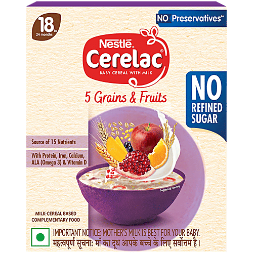 Nestle Cerelac 5 Grains & Fruits Baby Cereal - No Refined Sugar, 18-24 Months, 300 g Bag-In-Box
