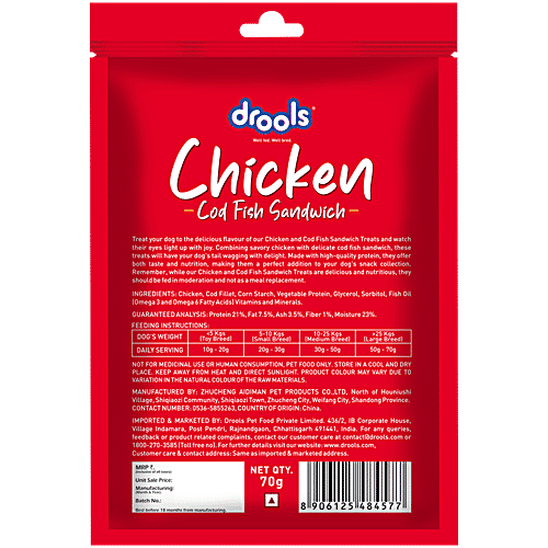 Drools Cod Fish Sandwich Real Chicken Dog Treats, 70 g Enriched with Vitamins & Minerals, Improves Metabolism and Healthy Skin & Coat, Low Fat, High Protein