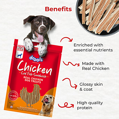 Drools Cod Fish Sandwich Real Chicken Dog Treats, 70 g Enriched with Vitamins & Minerals, Improves Metabolism and Healthy Skin & Coat, Low Fat, High Protein