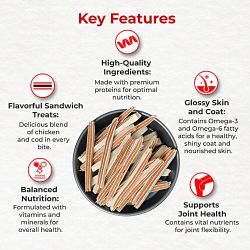 Drools Cod Fish Sandwich Real Chicken Dog Treats, 70 g Enriched with Vitamins & Minerals, Improves Metabolism and Healthy Skin & Coat, Low Fat, High Protein