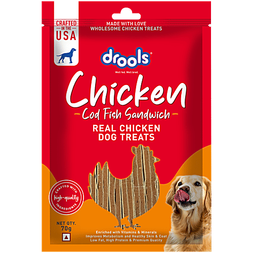 Drools Cod Fish Sandwich Real Chicken Dog Treats, 70 g Enriched with Vitamins & Minerals, Improves Metabolism and Healthy Skin & Coat, Low Fat, High Protein