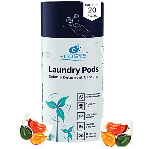 Ecosys Laundry Pods Soluble Detergent Capsules - For Front Load & Top Load, 420 g (20 pcs x 21 g each) With Bio-Enzymes, Stain Remover, Softener, Long-Lasting Aroma