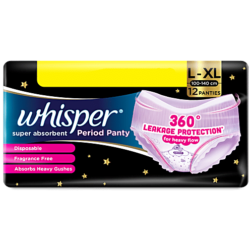 Whisper Super Absorbent Period Panty, L-XL, 12 pcs  Disposable, Fragrance Free, Absorbs Heavy Gushes