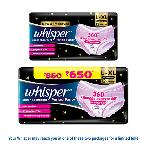 Whisper Super Absorbent Period Panty, L-XL, 12 pcs  Disposable, Fragrance Free, Absorbs Heavy Gushes