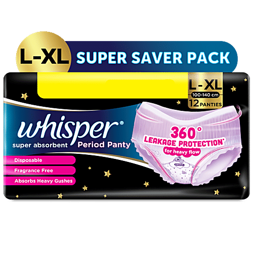 Whisper Super Absorbent Period Panty, L-XL, 12 pcs  Disposable, Fragrance Free, Absorbs Heavy Gushes