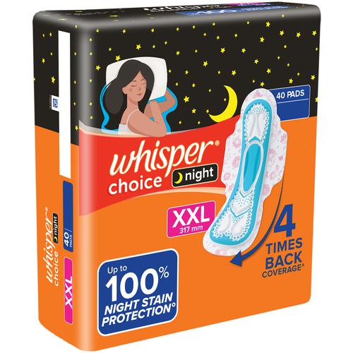 Whisper Choice Night Sanitary Pads - XXL, Up To 100% Stain Protection, 40 pcs XXL - 31.7 cm