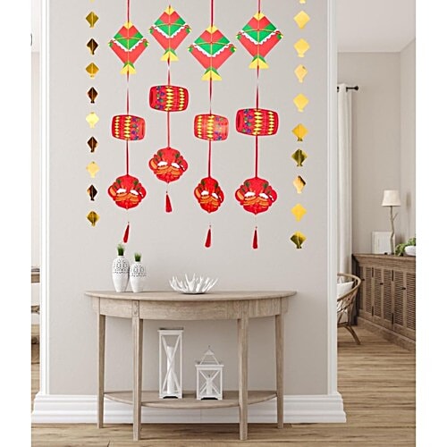 Pearlfiesta Decorative Wall Art - With 2 Golden Kite Frills, For Makar Sankranti, 6 pcs Decoration Items