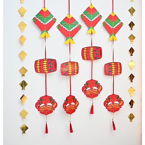 Pearlfiesta Decorative Wall Art - With 2 Golden Kite Frills, For Makar Sankranti, 6 pcs Decoration Items