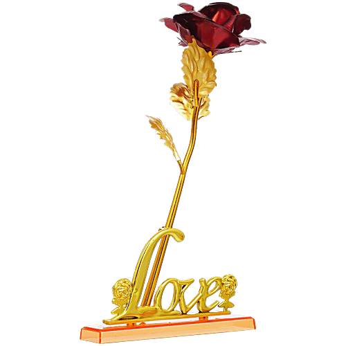 eCraftIndia Golden Red Rose Flower With Love Showpiece - Gift, 1 pc  