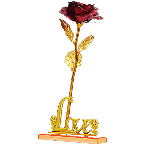 eCraftIndia Golden Red Rose Flower With Love Showpiece - Gift, 1 pc  