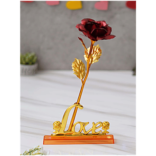 eCraftIndia Golden Red Rose Flower With Love Showpiece - Gift, 1 pc  
