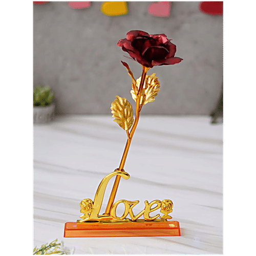eCraftIndia Golden Red Rose Flower With Love Showpiece - Gift, 1 pc  