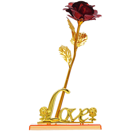 eCraftIndia Golden Red Rose Flower With Love Showpiece - Gift, 1 pc  